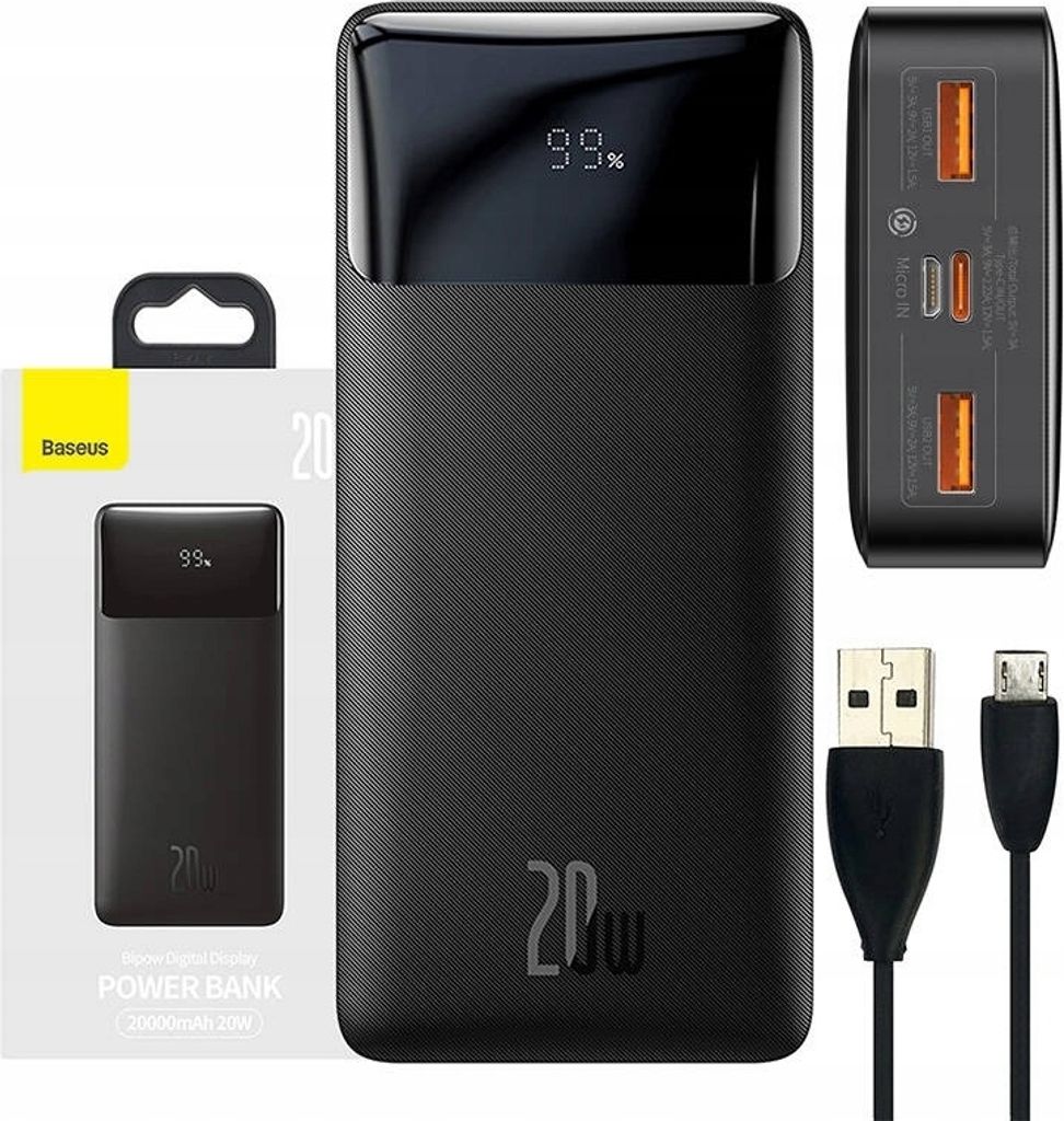 Baseus Powerbank 20000Mah 20W Usb-A Usb-C Lcd 3A Safety Display
