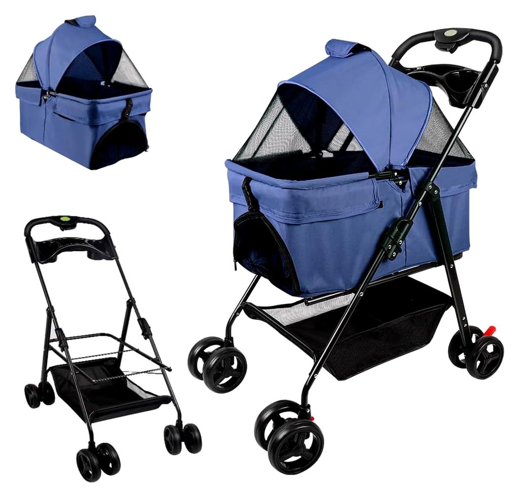 3-in-1-Hundebuggy, faltbar, abnehmbarer Aufbewahrungskorb, 360° drehbare Räder, Netzfenster, Buggy für kleine Hunde und Katzen bis 20 kg