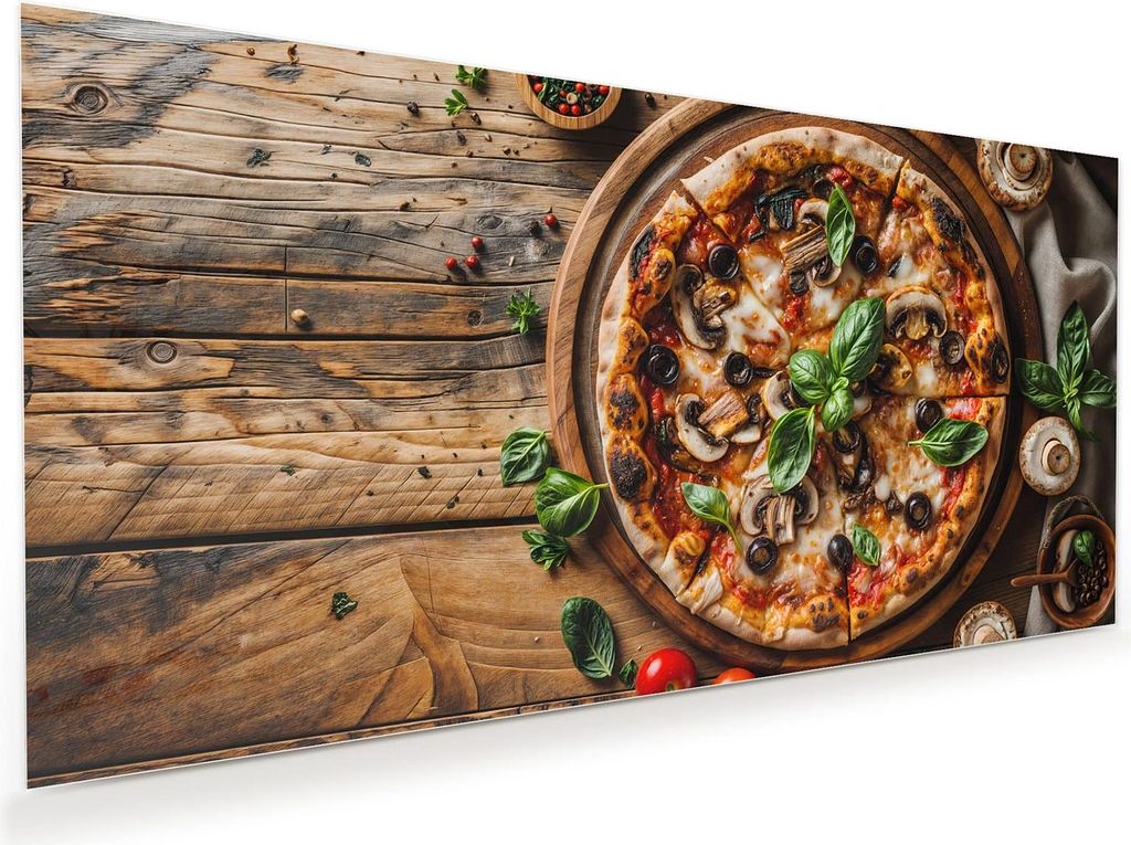 Glasbild 100x50cm in XXL für Wohnzimmer, Schlafzimmer Motiv Holztisch Pizza