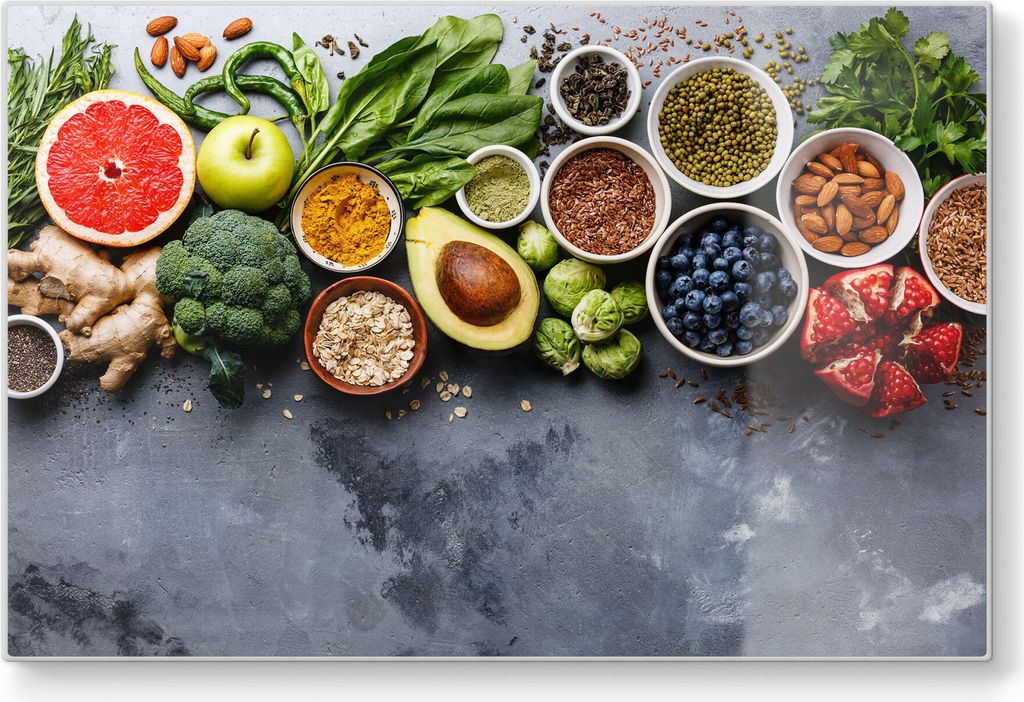 DEQORI Schneidebrett Glas 30x20 cm 'Auswahl an Superfood' Schneideplatte groß