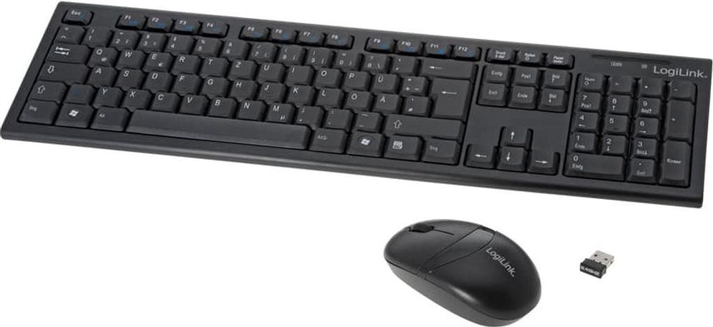 A black wireless keyboard and mouse set with a USB receiver, shown on a white background.