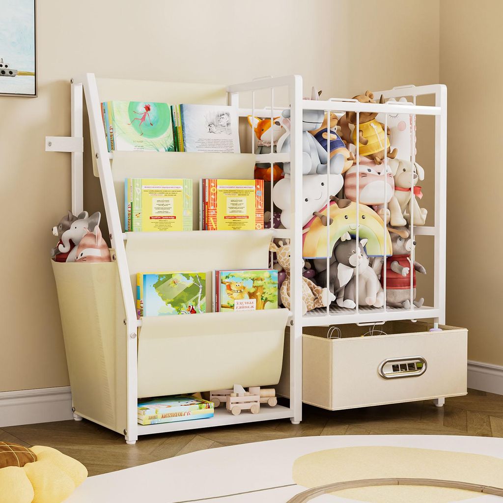 YORBAY Bücherregal Kinderregal Spielzeugregal 2 in 1 Kinderzimmerregal mit Aufbewahrungsbox & Taschen, 84x30x76cm