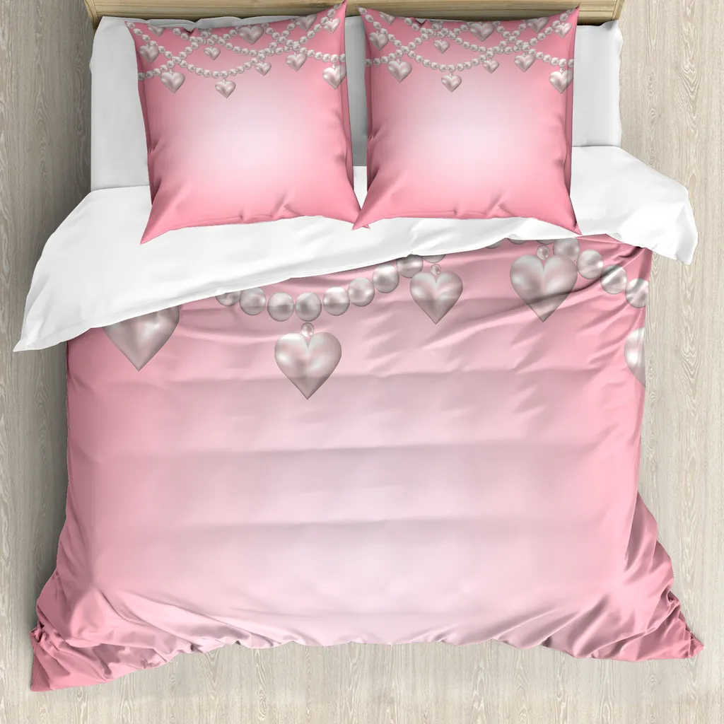 ABAKUHAUS Pearls Copripiumino, collana di perle a forma di cuore, antiacaro, adatto a chi soffre di allergie, con federe, 200 cm x 200 cm - 80 x 80 cm, beige-rosa