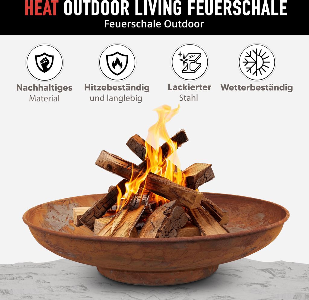Ciotola Per Fuoco Da Giardino HEAT 90x90 Cm - Griglia Barbecue In Acciaio, Focolare Per Esterni, Perfetta Per Patio E Serate In Famiglia