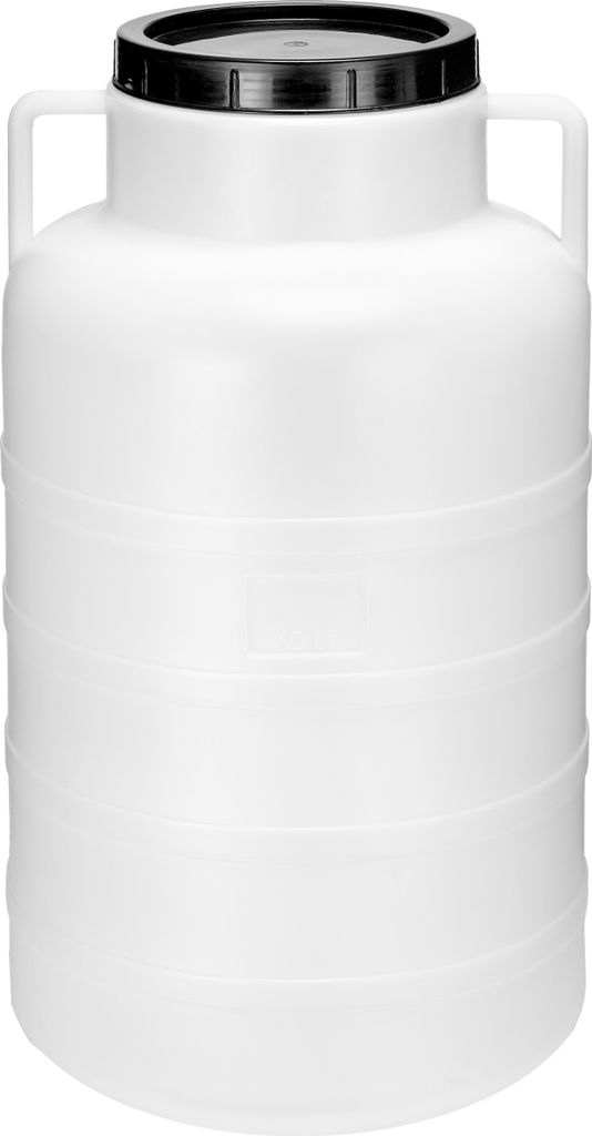 A white plastic barrel with a black lid and handles, shown from the front.