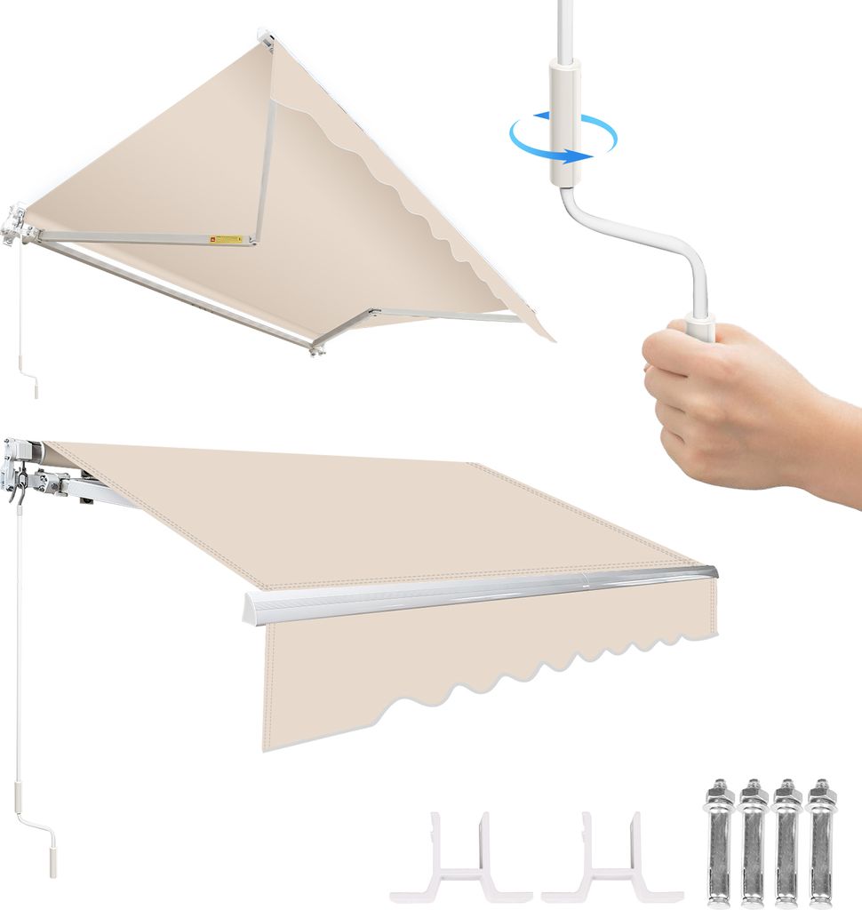 Izrielar 300x250cm Sonnenmarkise Gelenkarmmarkise Aluminium Markise Klemmarkise mit Handkurbel Balkonmarkise Sonnenschutz Beige