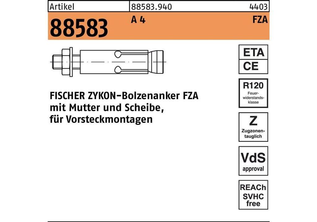 Fischer Zykon, Dübel, Beton, Stahl, Edelstahl, M12, 12,6 cm