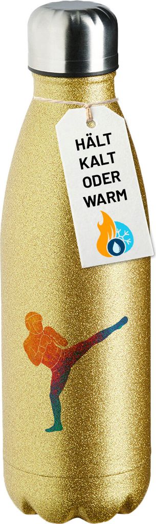 Huuraa Trinkflasche Kickboxen bunte Silhouette 500ml Gold Edelstahl Wasserflasche Trinkflasche Geschenkidee