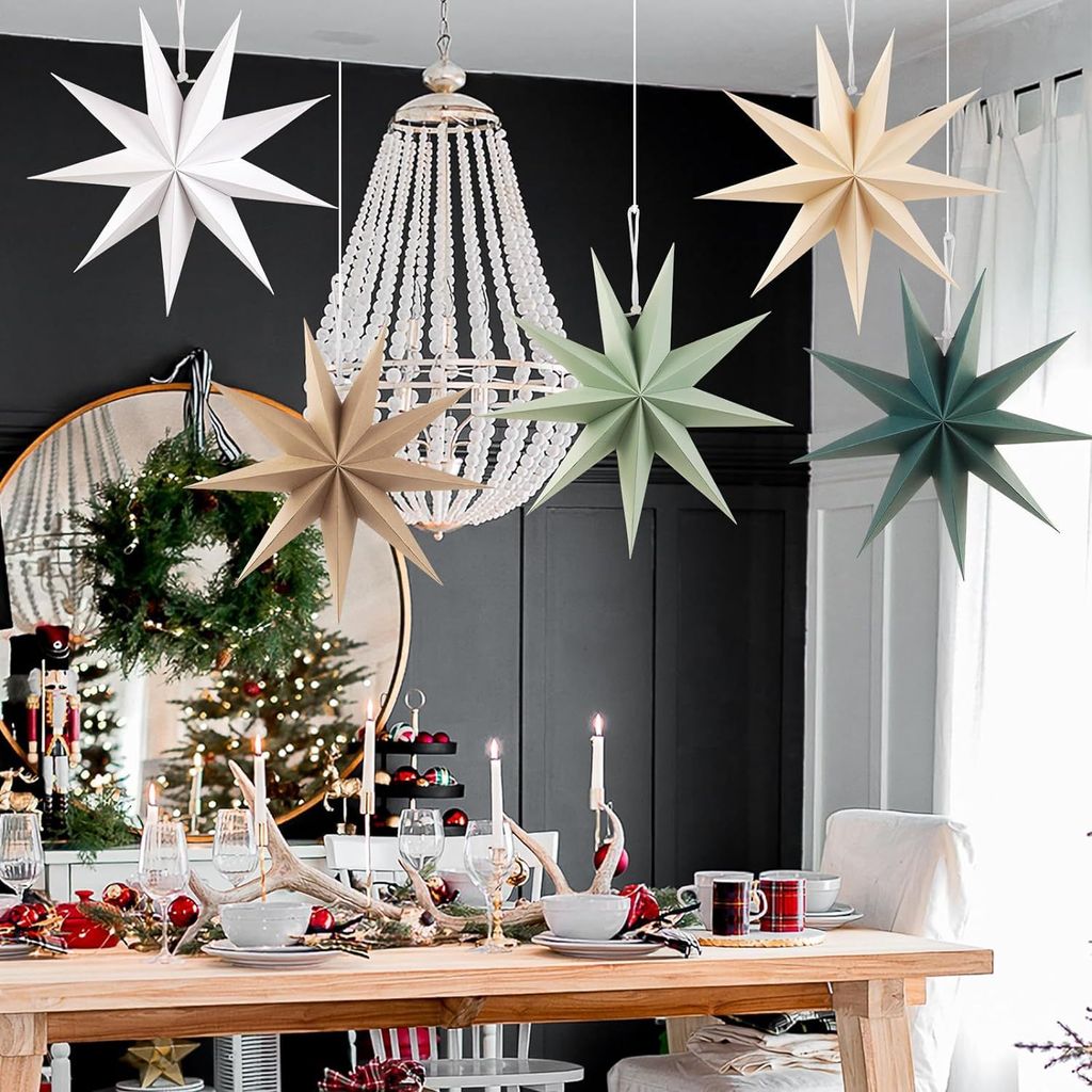 Lot De 5 étoiles En Papier De Noël 30 Cm - 9 Pointes, Pliables - Couleurs Beige, Noir, Vert, Blanc - Pour Déco Plafond, Mariage