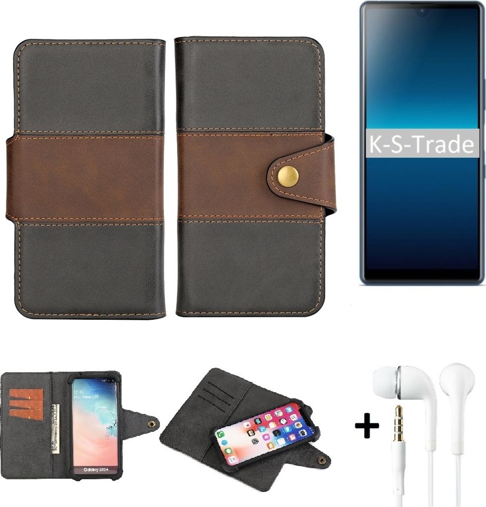 K-S-Trade Handyhülle Schutzhülle Bookstyle Wallet-Case kompatibel mit Sony Xperia L4 + earphones Bumper rundumschutz schwarz-braun 1x