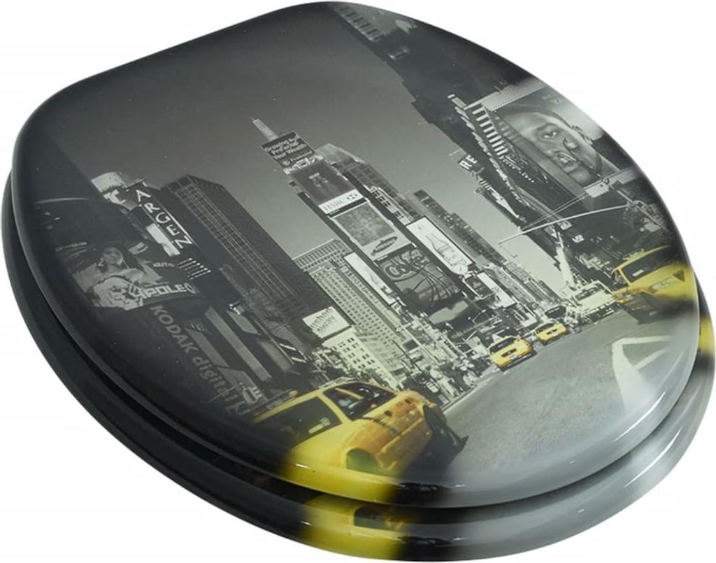A toilet seat with a New York City street scene design.