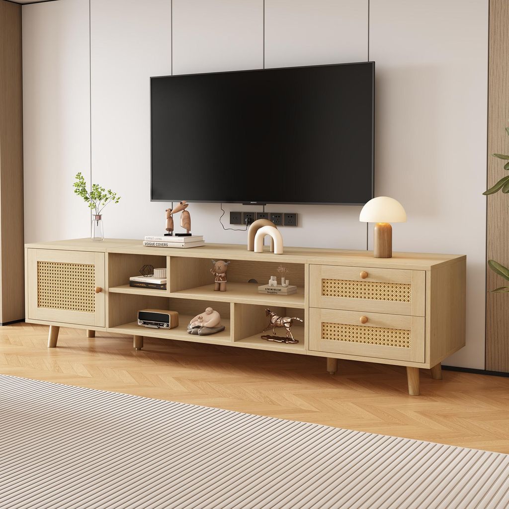 Merax TV Lowboard mit Rattan, Wohnzimmer TV-Schrank mit Kabelmanagement, TV-Ständer mit 2 Schubladen und 1 Tür, Für TV bis 70 Zoll, Holzfarben