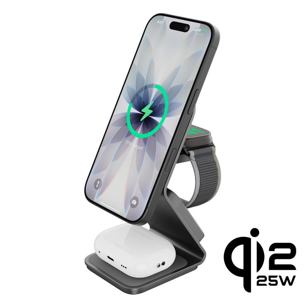 Magnetisches kabelloses Ladegerät Cubenest Qi 2.2 SQ314, MagSafe-kompatibel, Gesamtleistung 35 W, für iPhone, Apple Watch, AirPods – Grau