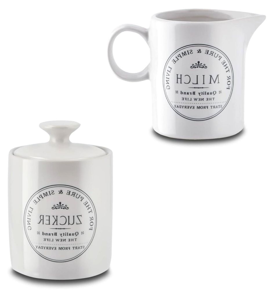 Milchkännchen und Zuckerdöschen Set, je 200 ml, Steingut Keramik im Landhaus Vintage Stil, glänzend, mit präzisem Ausgießer und Henkelgriff, g...