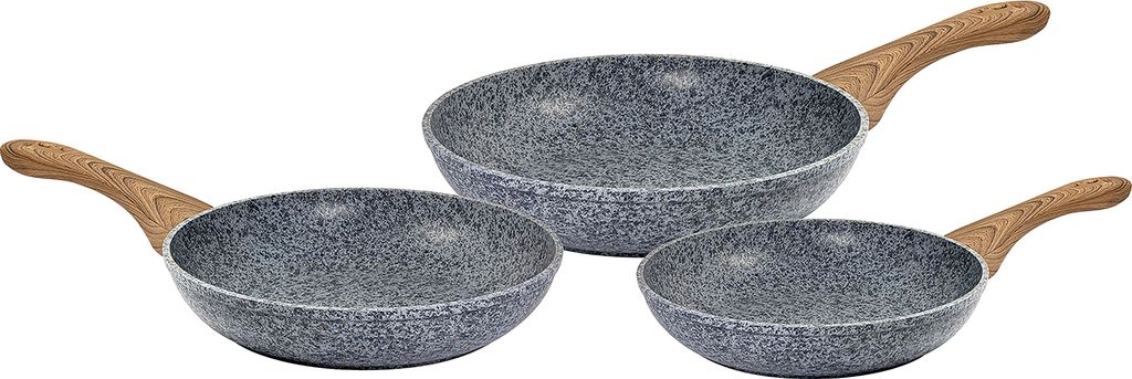 Three frying pans of different sizes are arranged in a group on a white background.