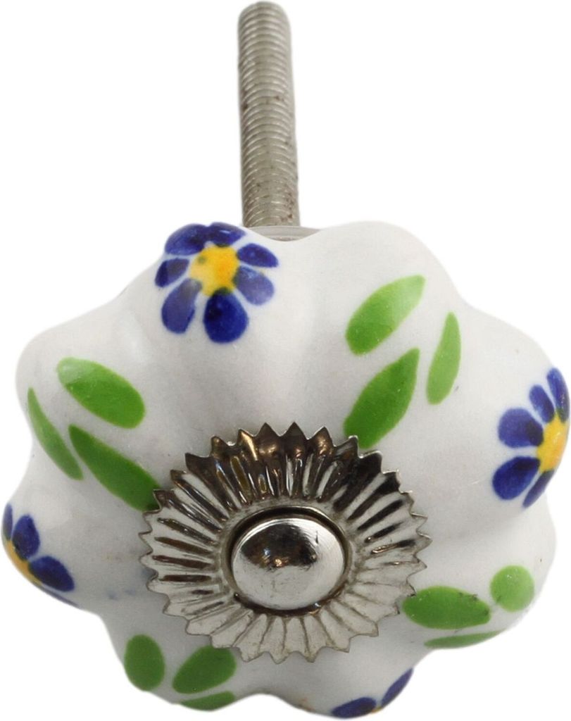 Möbelknauf aus Keramik Shabby Chic Rosette - Blume - blau-orange-grün - silber