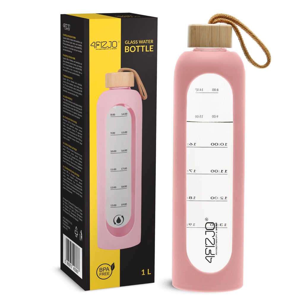 4FIZJO Glas Trinkflasche 1000 ml, Sportflasche, Borosilikat, Bambusdeckel, Silikonhülle, rosa