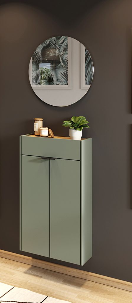 Garderobe Flurgarderobe schmal in grün mit Eiche ABERDEEN-01 modern 2-teilig mit Schuhschrank und Spiegel