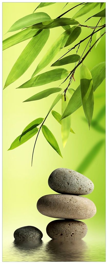 Wallario Wandbild aus Acryl, 200 x 80 cm, freischwebende Optik - Steinstapel im Grünen