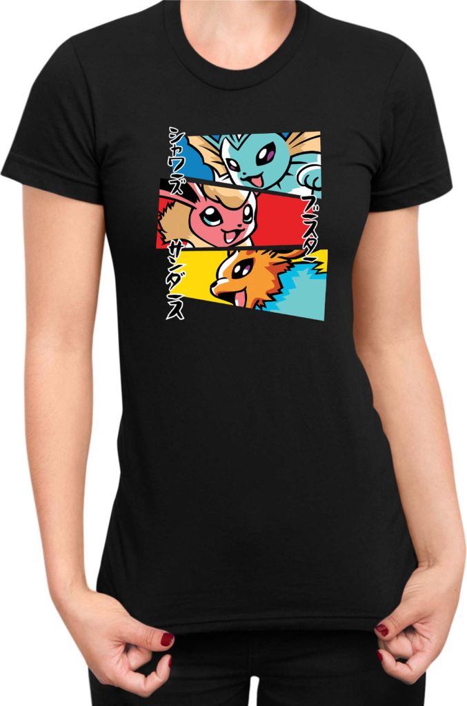 Damen T-Shirt Japan Manga Anime Comics Animation Pokeball Eevee Evolutions, Lady 2XL / Schwarz