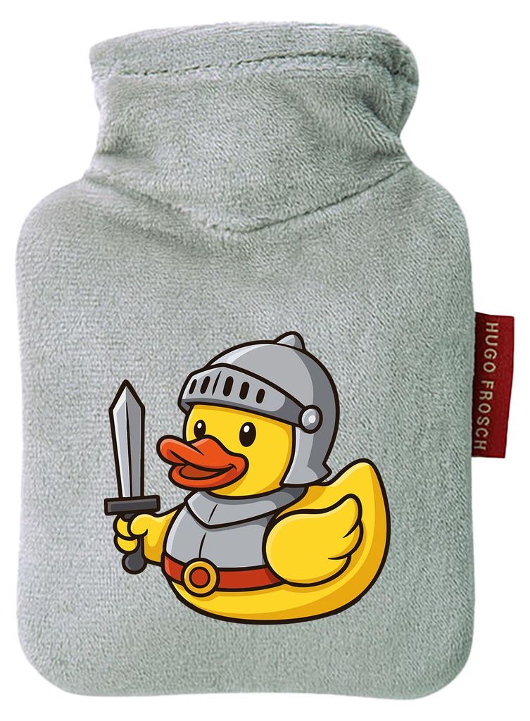 Huuraa Mini-Wärmflasche Quietscheente Ritter Gummiente Mittelalter 0,2 Liter Grey Mini Veloursbezug Taschenwärmer Geschenkidee
