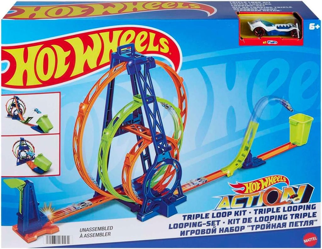 Hot Wheels Bahn Triple Looping Rennbahn Auto Bauset zusammenklappbar 6+ HMX38