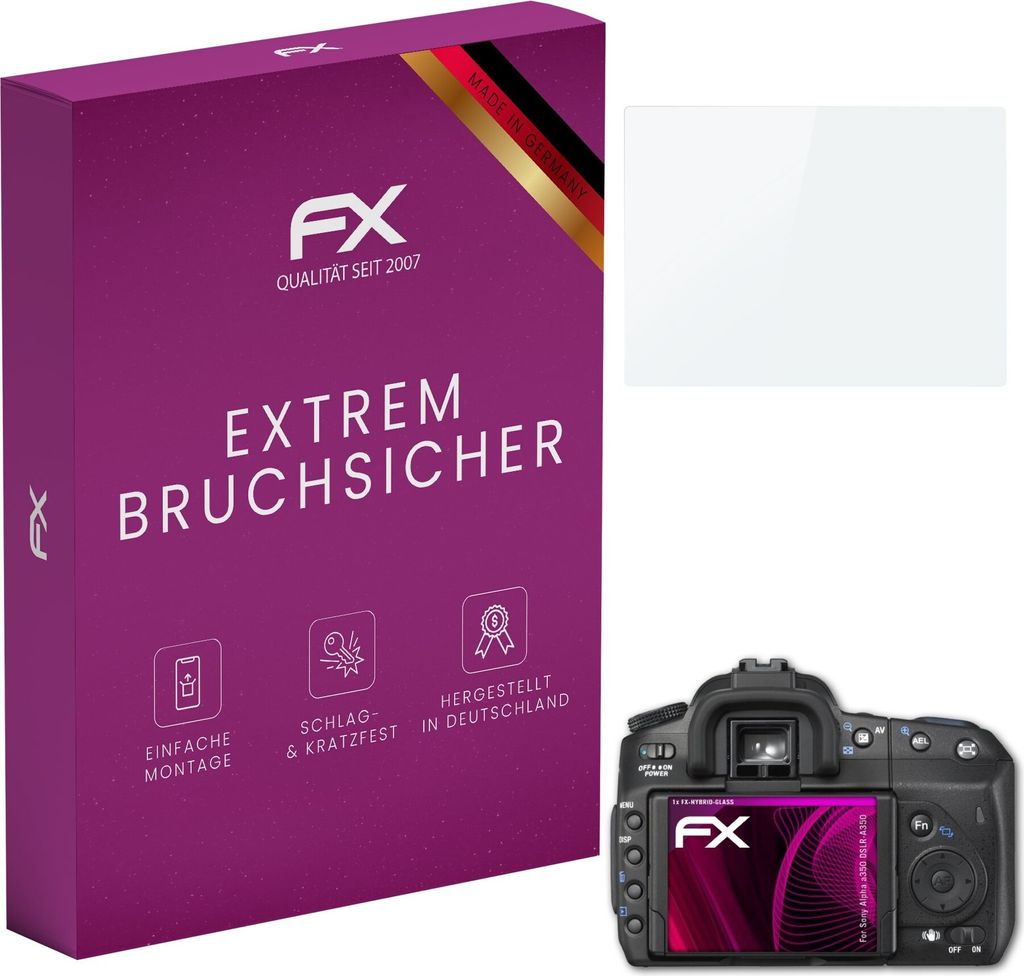 atFoliX FX-Hybrid-Glass Displayfolie kompatibel mit Sony Alpha a350 (DSLR-A350) Glasfolie
