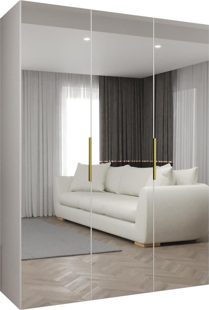 A reflection of a living room with a white sofa and curtains in a mirrored wardrobe.