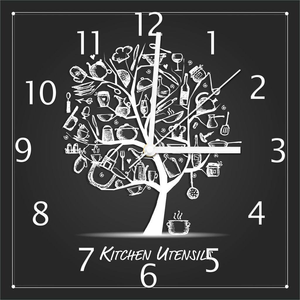 Wallario Design Wanduhr Kitchen Utensils - Baum aus Küchenutensilien in schwarz weiß aus Echtglas, Größe 30 x 30 cm