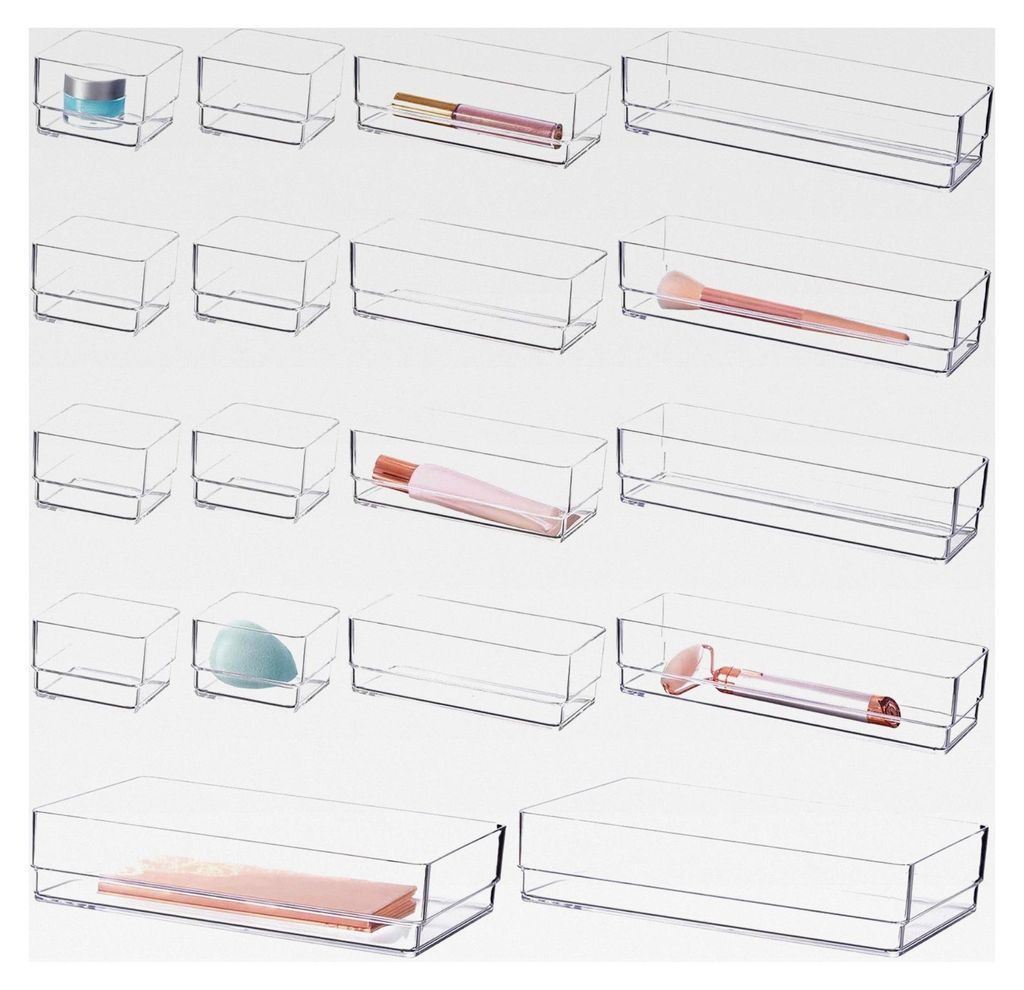 18-teiliges stapelbares transparentes Schubladen-Organizer-Set | verschiedene Größen | Make-up-Aufbewahrungsbehälter und Büro-Schreibtisch-Schu...