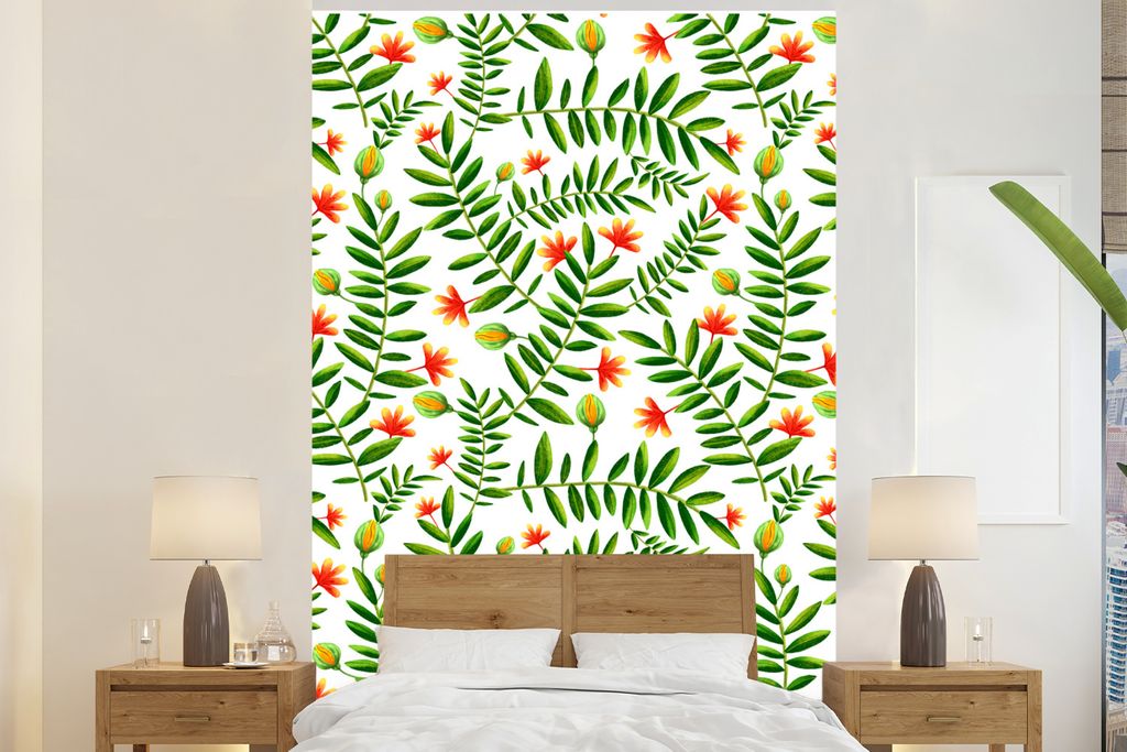 MuchoWow Fototapete für Wohnzimmer oder Schlafzimmer Wandtapete Vinyl Motivtapete Dschungel - Blumen - Blätter - 145x220 cm - Wanddekoration