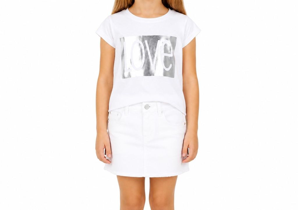 30201 Stummer Mädchen T-Shirt LOVE Weiß Gr. 140 – Kurzarmshirt mit Glitzer-Schrift Baumwolle