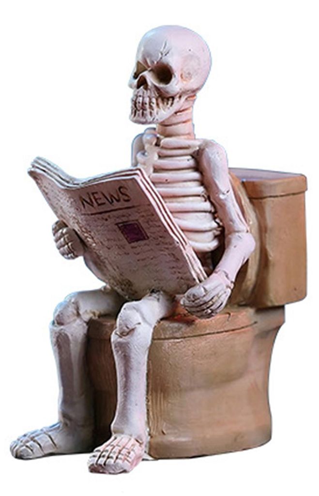 Skelettfigur aus Kunstharz, sitzend auf der Toilette, Totenkopf liest Zeitung – Lustiges gotisches Badezimmeraccessoire für Halloween-Dekoration...