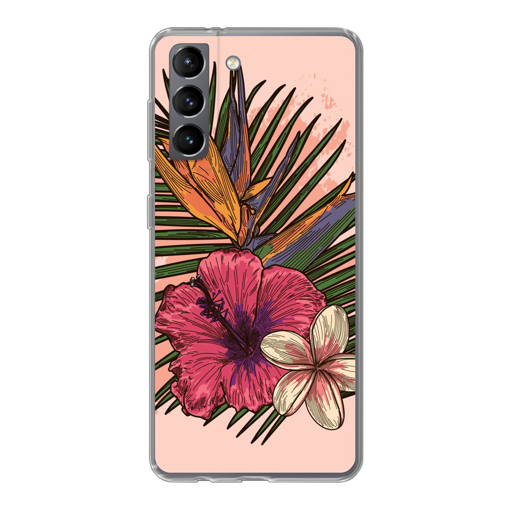 MuchoWow Handyhülle Schutzhülle Hülle für Samsung Galaxy S21 Blumen - Tropisch - Rosa Silikon Softcase Handy Hülle - Softcase