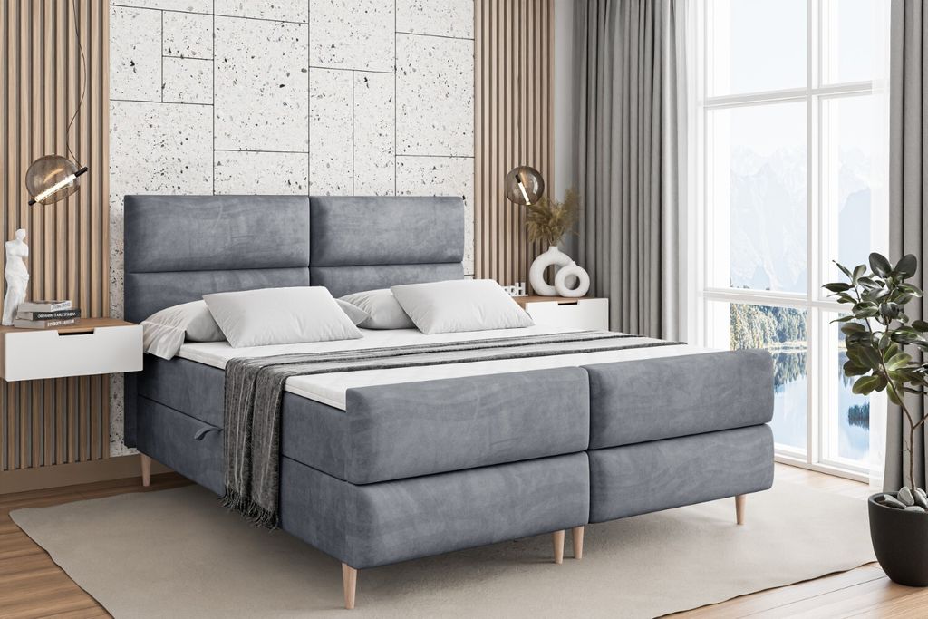 ALTDECOR Boxspringbett mit Holz Füßen, Matratze und Lattenrost, Topper, Fußteil, Polsterbett mit Bettkasten, Bett mit Stauraum H4-Matratze, Dopp...