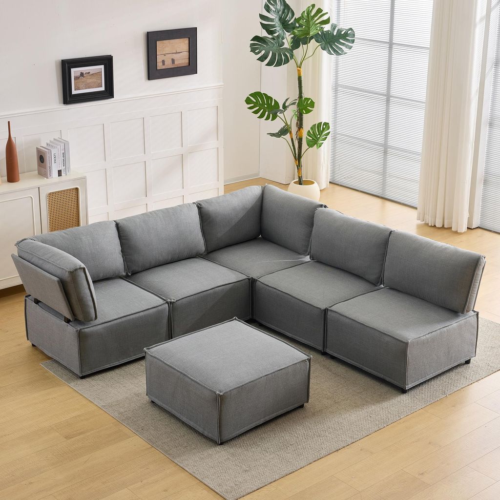 Modulare Sofagarnitur 308 cm – Sofa-Set in Hellgrau, Leinen-Bezug, vielseitig kombinierbar, 2A+3B+C-Kombination, für Wohnzimmer & großes Zuhaus...