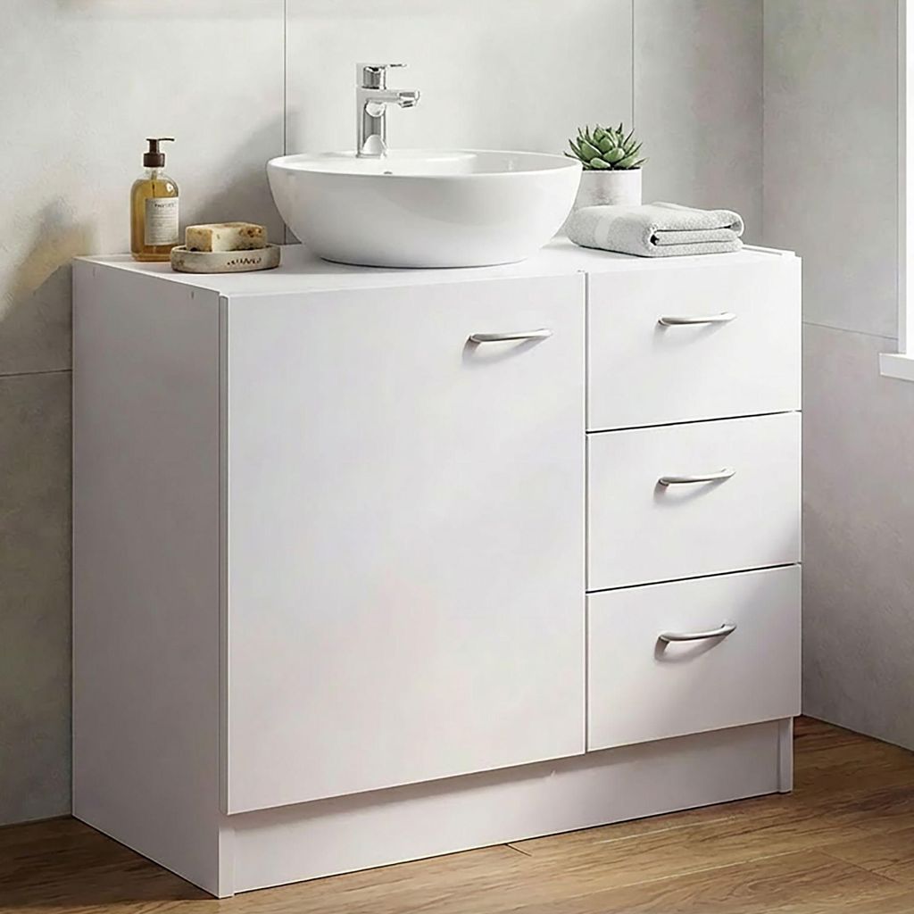 FineBuy Waschbecken-Unterschrank 54 x 63 x 30 cm weiß mit 1 Tür und 3 Schubladen Unterstellschrank Bad mit Siphonausschnitt Bad-Schrank klein