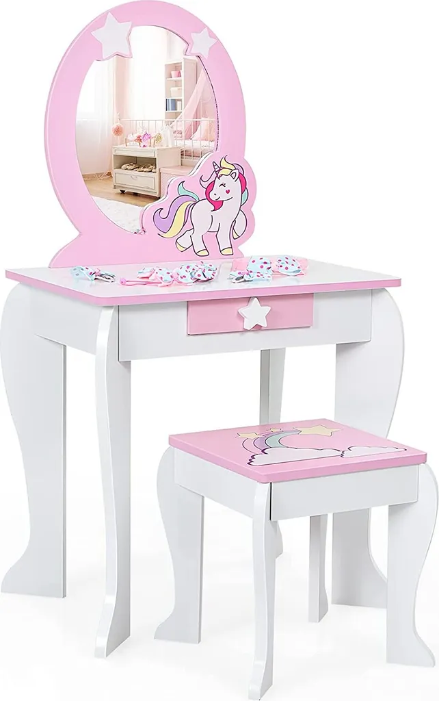 Coiffeuse pour Filles avec Miroir et Tiroir, Bureau Enfant Rose et Blanc