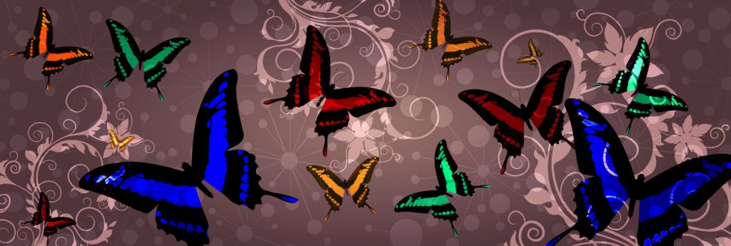 Schmetterlinge Kunstdruck Bild - Schmetterlinge Und Blumen-Ornamente (53 x 158 cm)