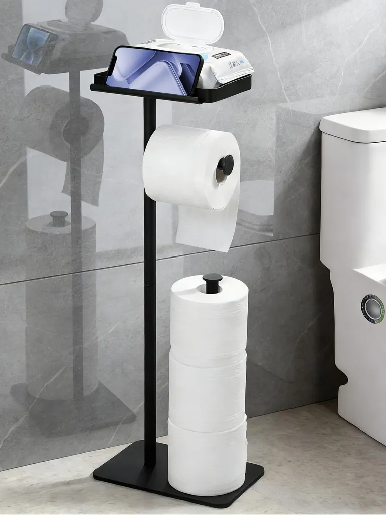 Porte-papier toilette sur pied noir 62 cm avec tablette de rangement