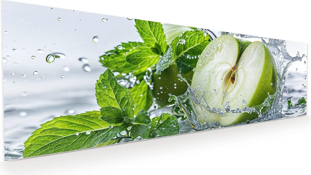 Glasbild 120x40cm in XXL für Wohnzimmer, Schlafzimmer Motiv Spritzender Apfel Mint