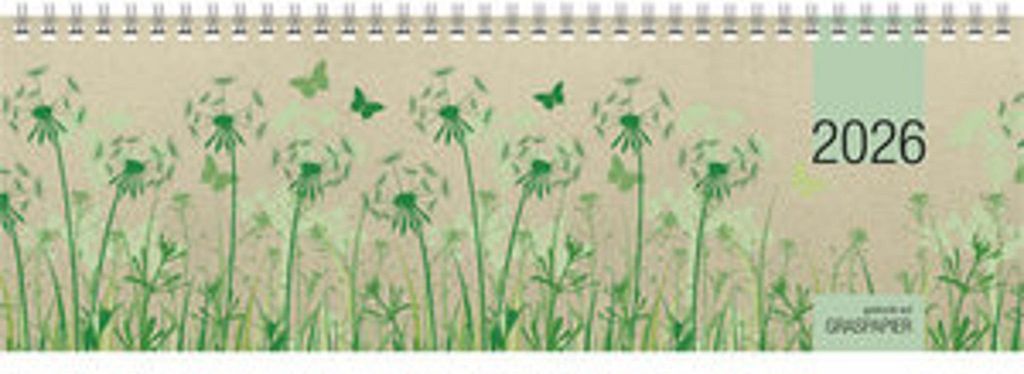 Zettler Tischquerkalender 1W/2S Graspapier 2026 - Wochenkalender 32 × 11 cm, 1 Woche auf 2 Seiten, nachhaltiger Bürokalender mit Stundeneinteilun...