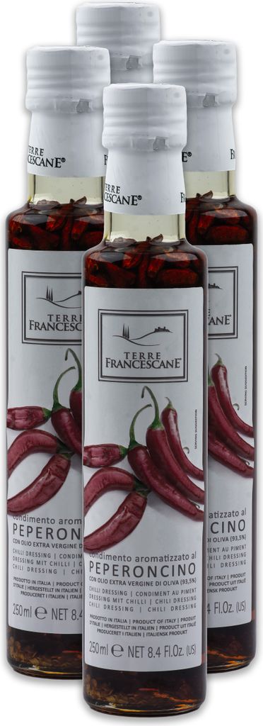 Food-United Chili-Öl 4x 250ml von TERRE FRANCESCANE Extra Natives Olivenöl mit Chili-Schoten Premium-Dressing-Öl aus Italien für Feinschmecker-...