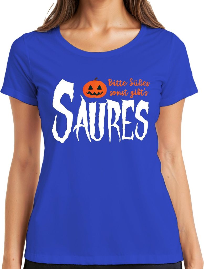 Bitte Süßes sonst gibt's Saures Halloween Kürbis Gruselig Kinder Damen T-Shirt, Blau, S