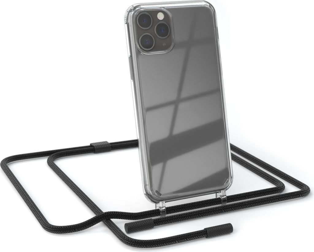 EAZY CASE Handykette für Apple iPhone 11 Pro, Clear Case aus Silikon, mit Umhängeband, abnehmbare Endstücke, Handyband in Schwarz