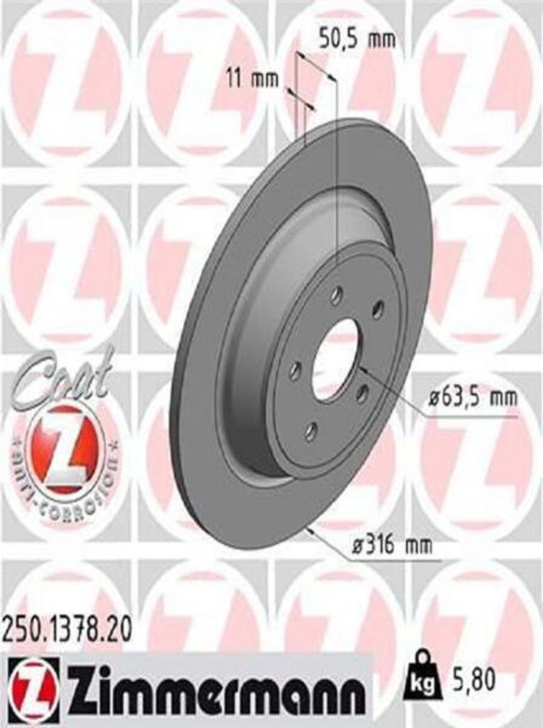 2x ZIMMERMANN Bremsscheibe 250.1378.20 für FORD Kuga Mk2 (DM2) 51mm 5 8kg 316mm
