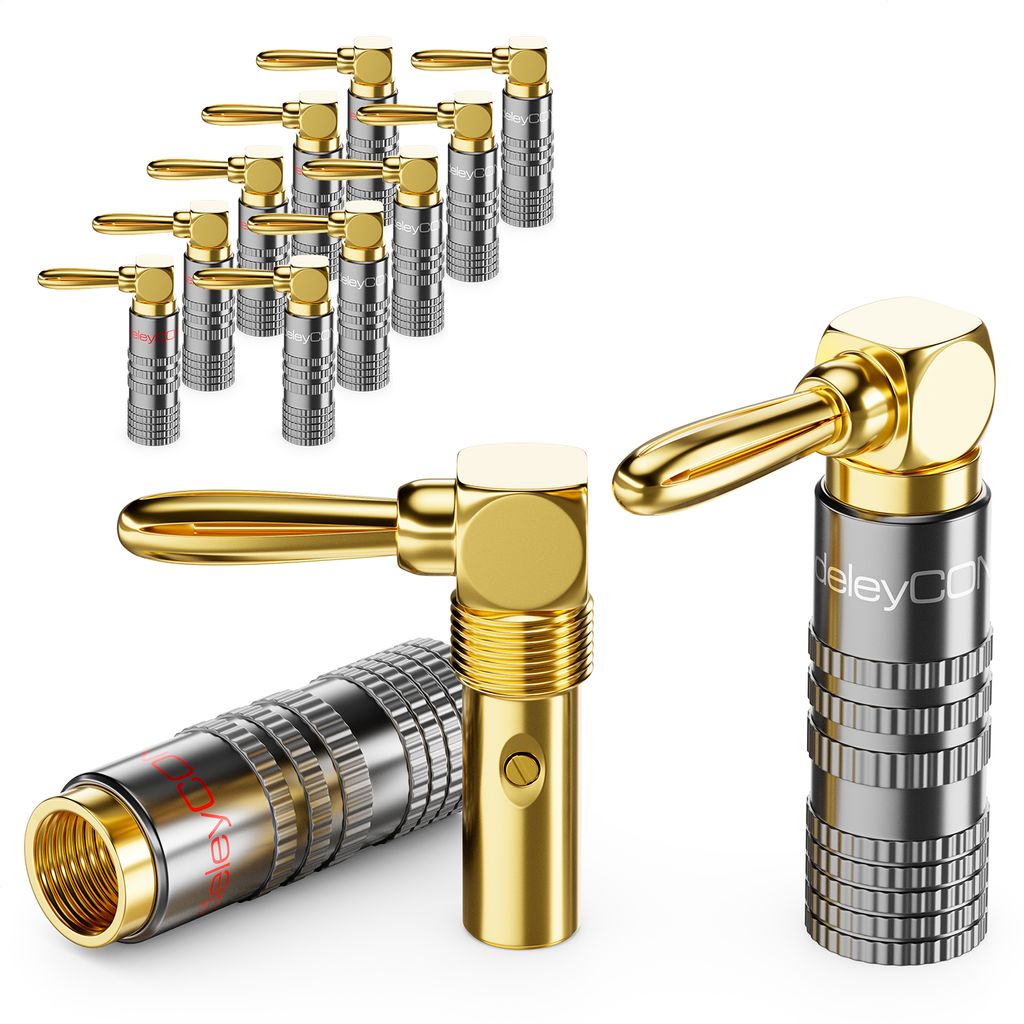 deleyCON 12 Stück Bananenstecker Set 90° Gewinkelt - Vergoldet Schraubbar für Lautsprecherkabel Boxenkabel 0,75 mm - 4,5 mm & z. B. HiFi Heimkin...
