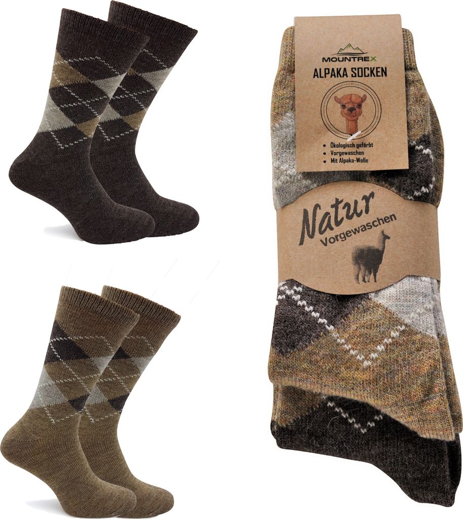 MOUNTREX Alpaka Socken, Wollsocken für Damen, Herren - Warme Wintersocken - 2 Paar, Beige/Braun (Karo - Dünn), 35-38