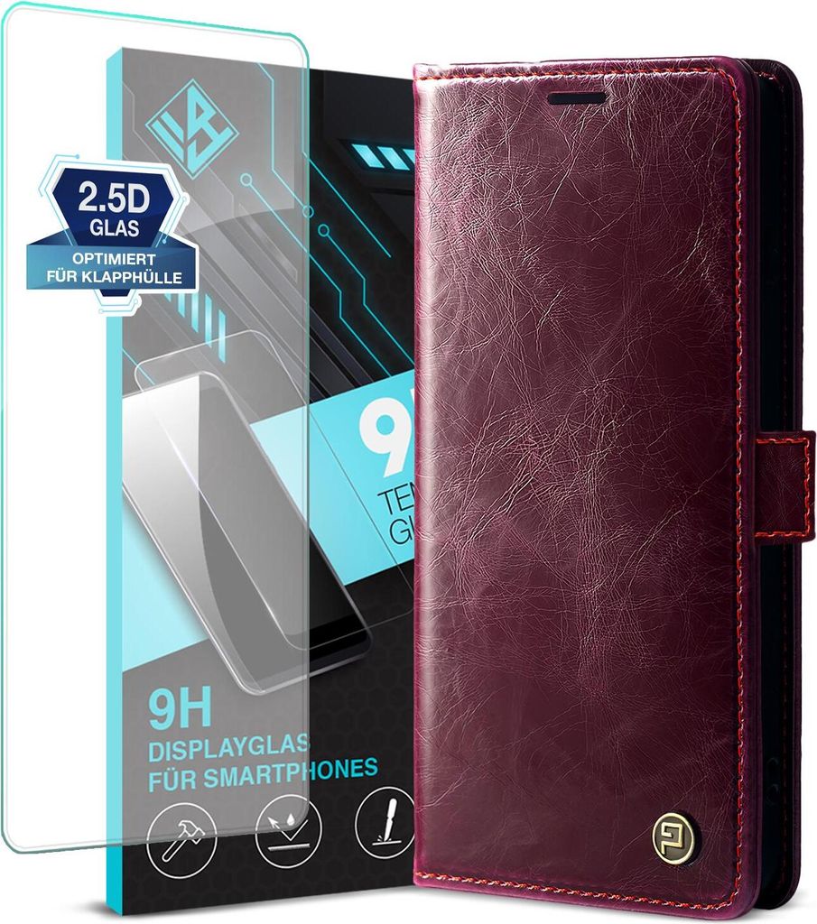 Handyhülle für Samsung Galaxy S24 Ultra mit 9H Displayglas Kunstleder Flip Vintage Cover Hülle RFID Schutz Case Kartenfach Farbe: Weinrot