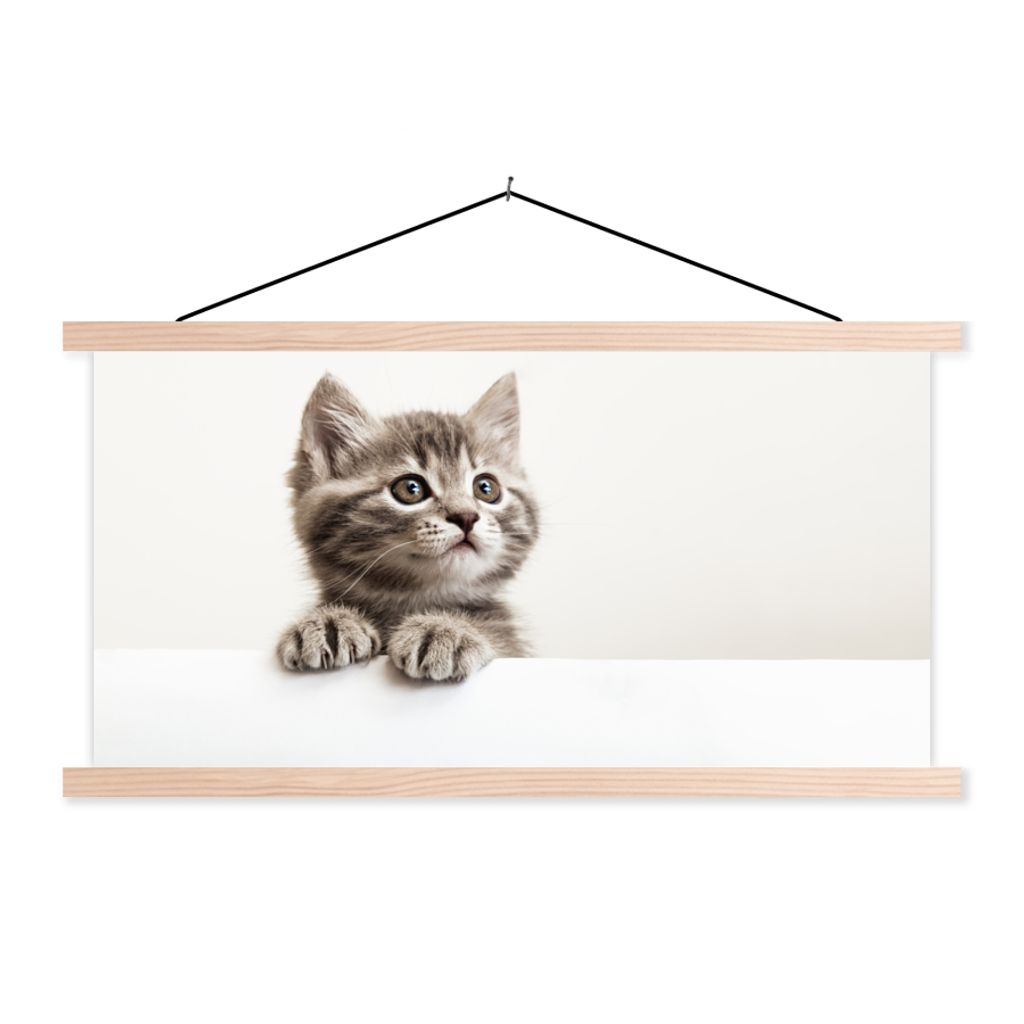 MuchoWow Textilposter Katze - Grau - Tiere 60x30 cm mit holzfarbenen Rahmen - Dekoration